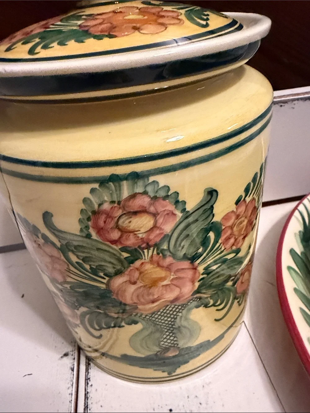 Pretty yellow and green cannister with lid.  Pottery from Greece.   AS IS!